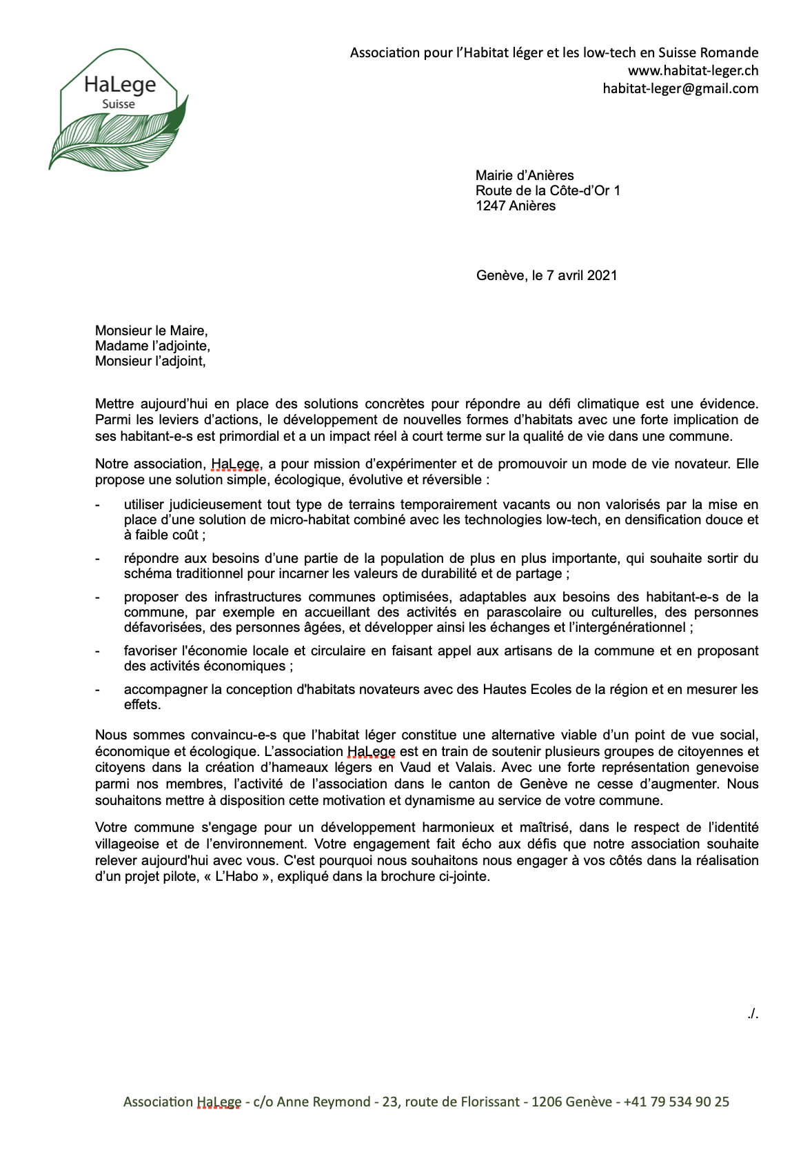 Modèle de lettre aux communes pour la recherche de terrain pour un hameau léger